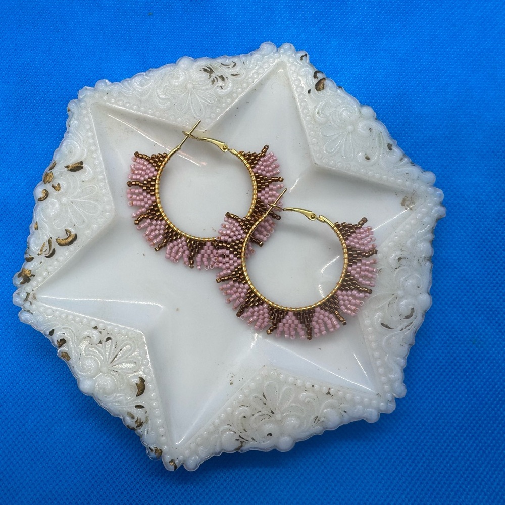 Pink and Gold Beaded Hoop Earrings